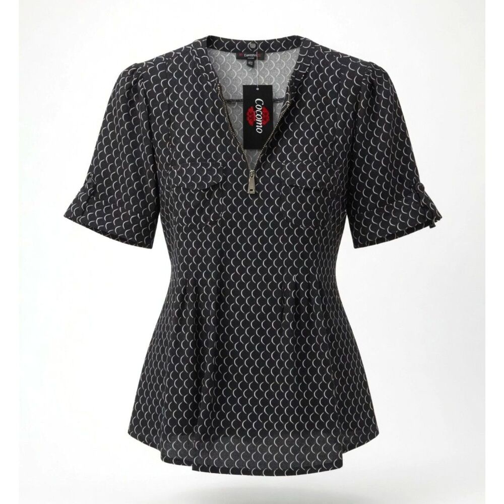 Cocomo Women's Plus Size 1X Black White Geo Print Pintuck Short Sleeve Top